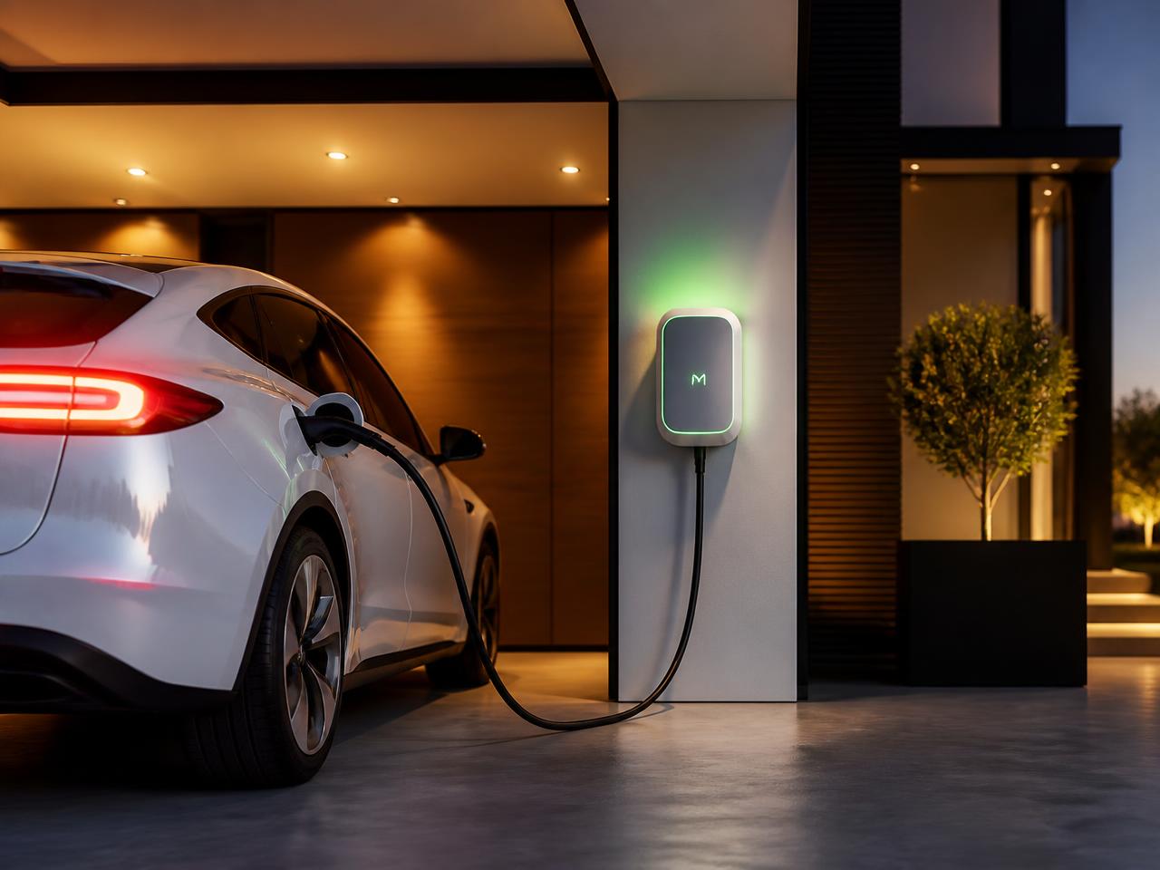 Carro elétrico conectado a carregador wall box em garagem residencial