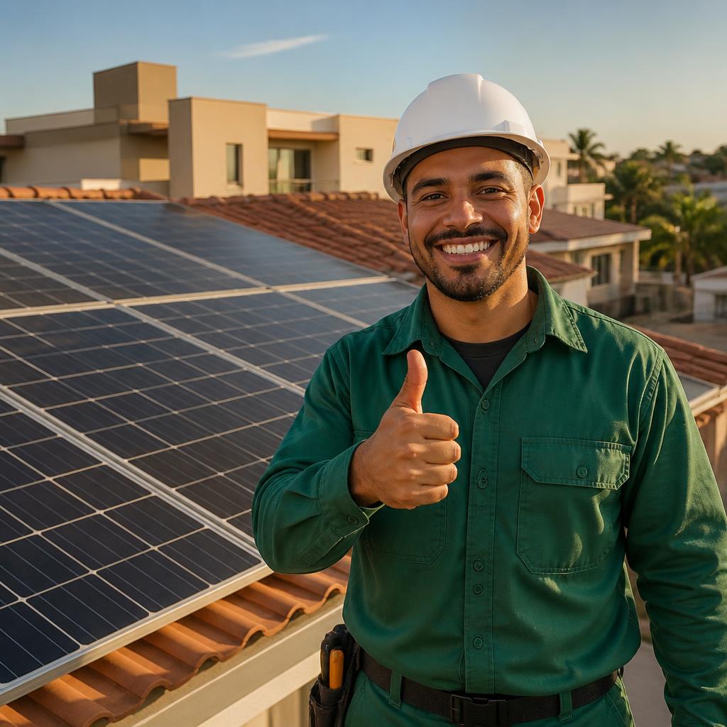 Técnico da Eco Energia Vinhedo em telhado com placas solares instaladas