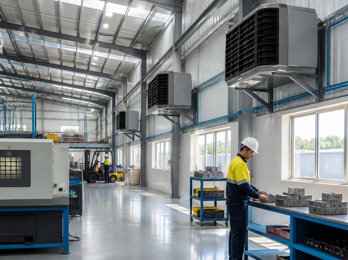 Climatizadores evaporativos instalados em galpão industrial